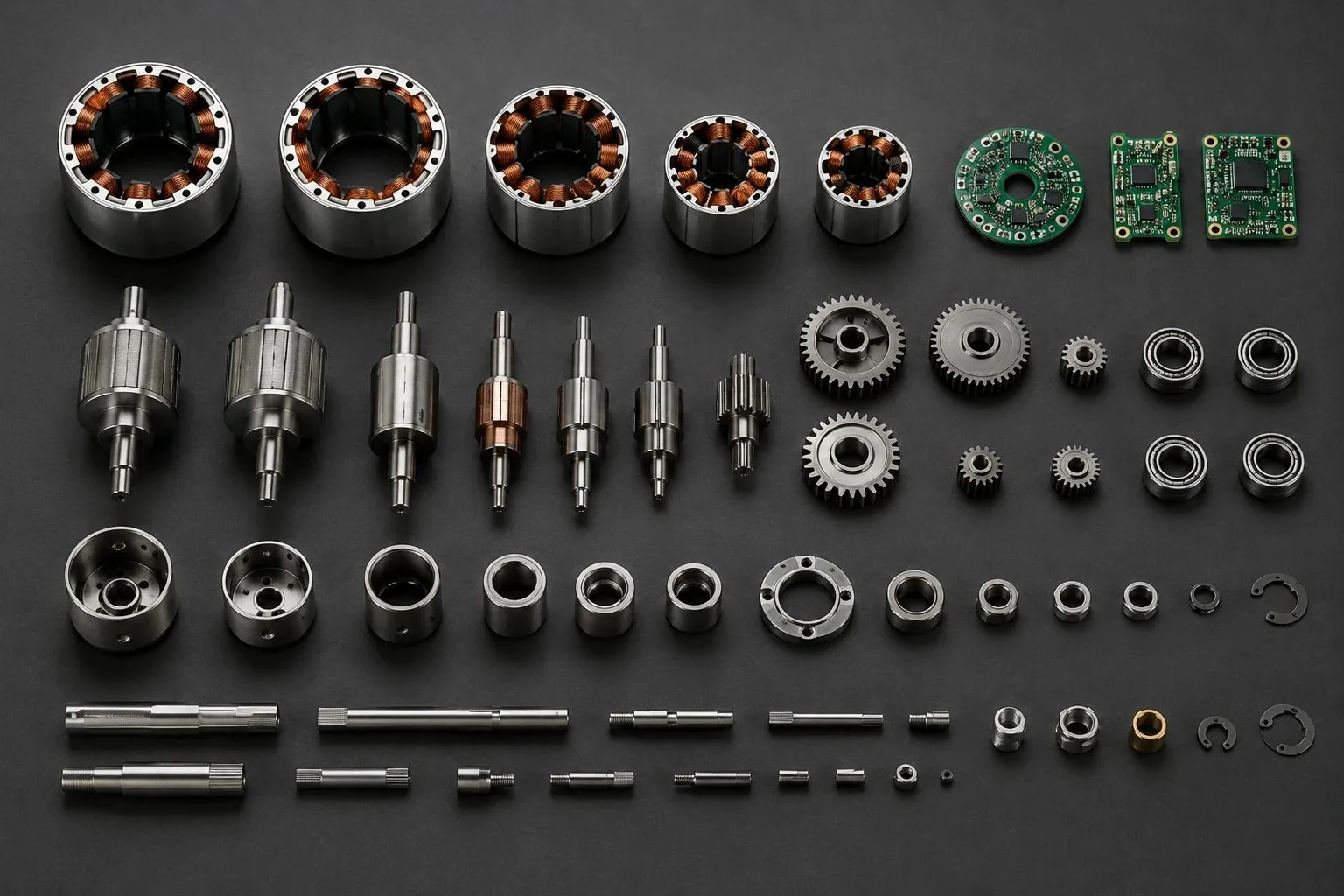 Assortment of qualified drive components arranged in rows on a dark surface