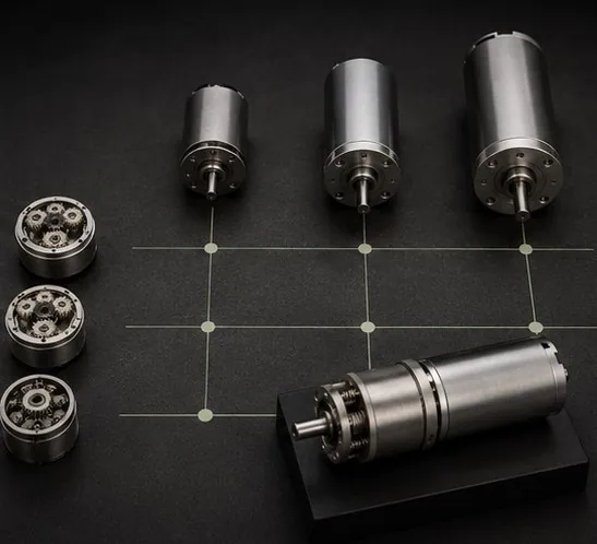 Motor sizes and gearbox stages arranged as a configuration grid, one assembled combination in front