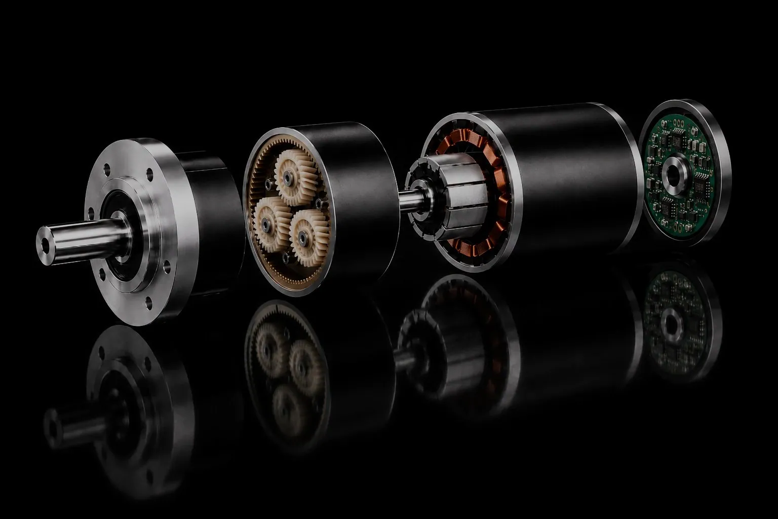 Exploded view of a compact drive: flange, gearbox, motor and electronics in a row