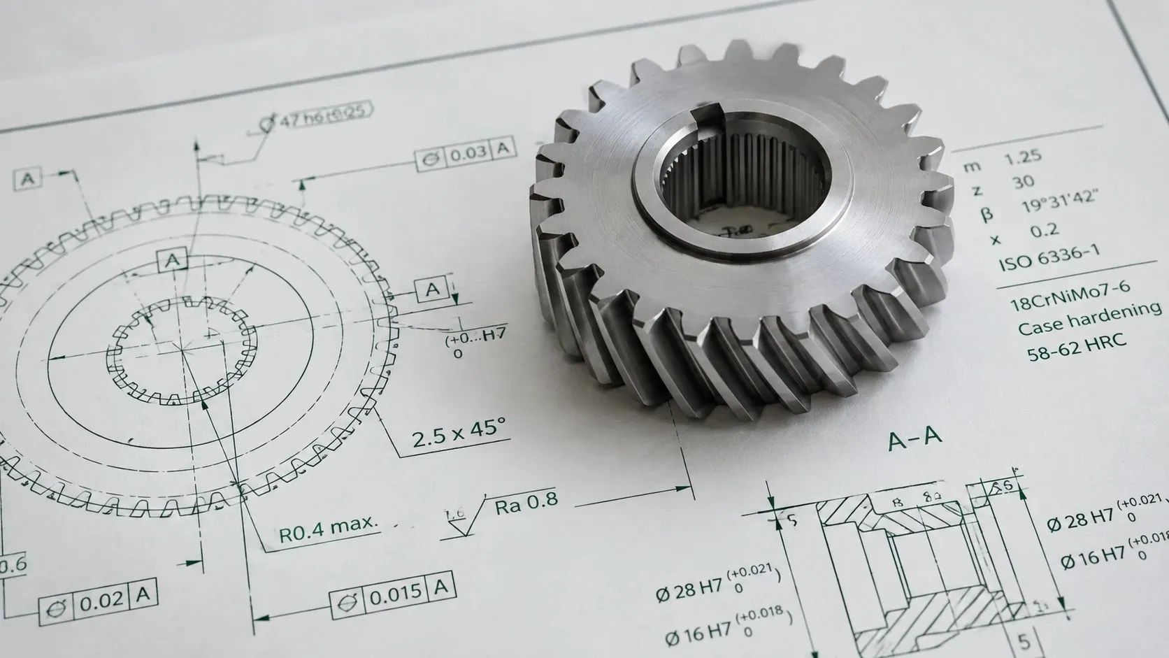 Machined helical gear lying on its engineering drawing