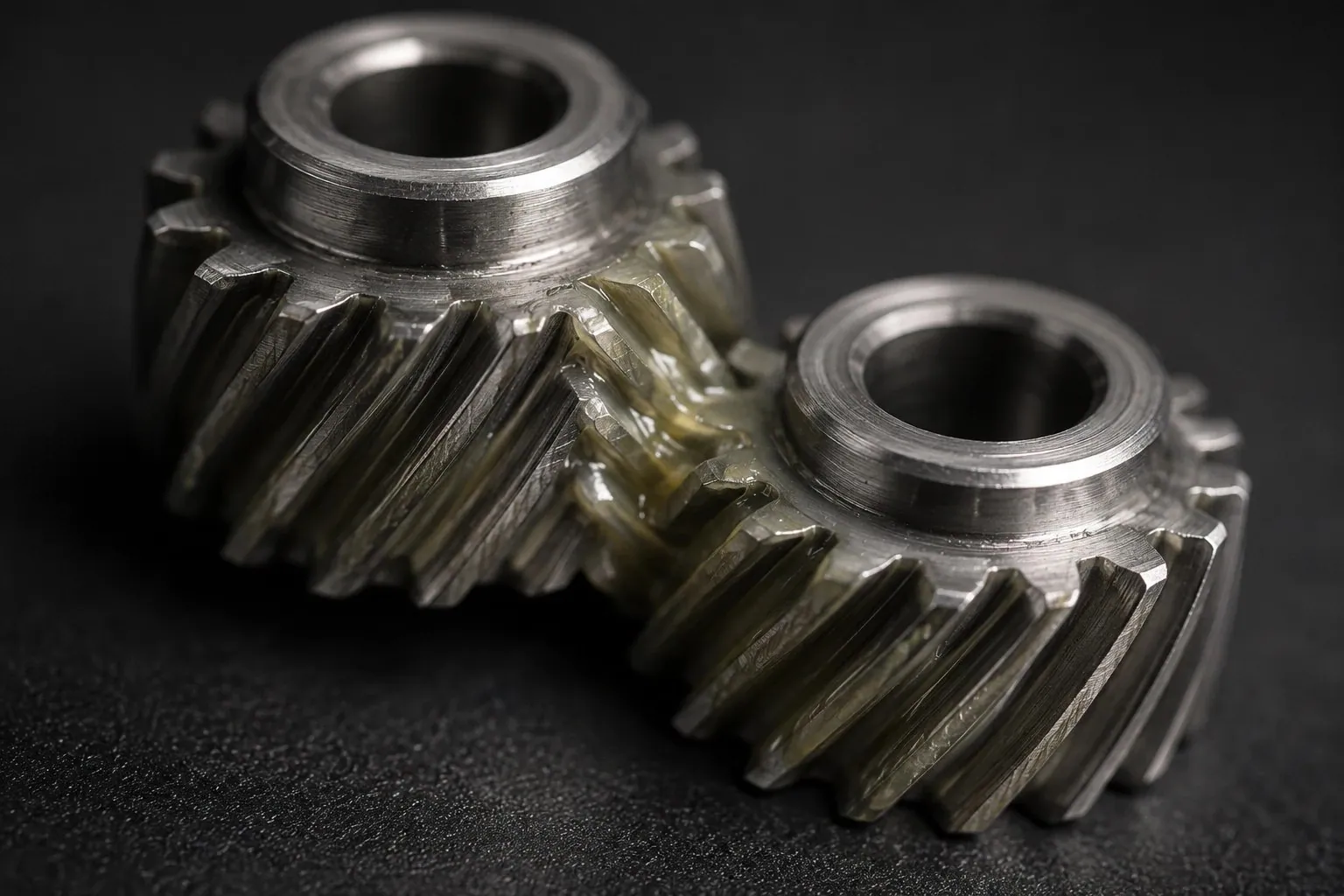 Greased helical gear pair in mesh, focus on the tooth contact