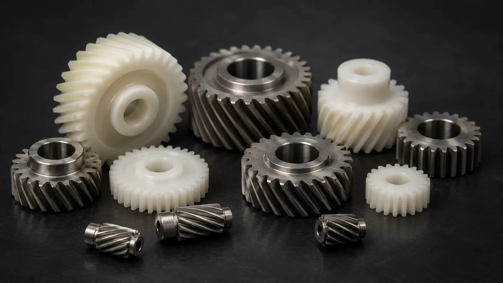 Family of small helical gears in polymer and steel on a dark surface