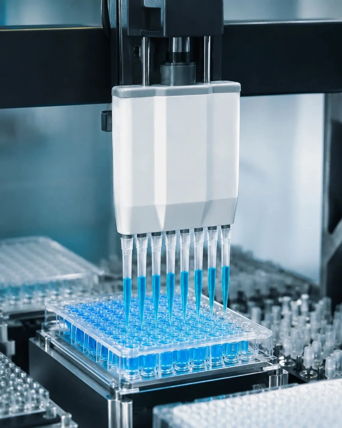 Automated multi-channel pipetting head dispensing samples into a microplate