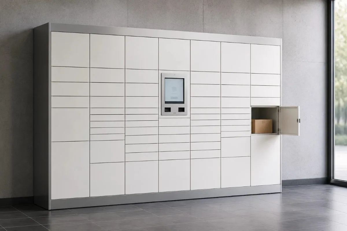 Parcel locker wall with a touchscreen terminal and one compartment open showing a package