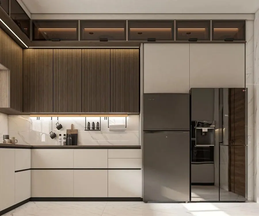 Modern fitted kitchen with integrated appliances and under-cabinet lighting