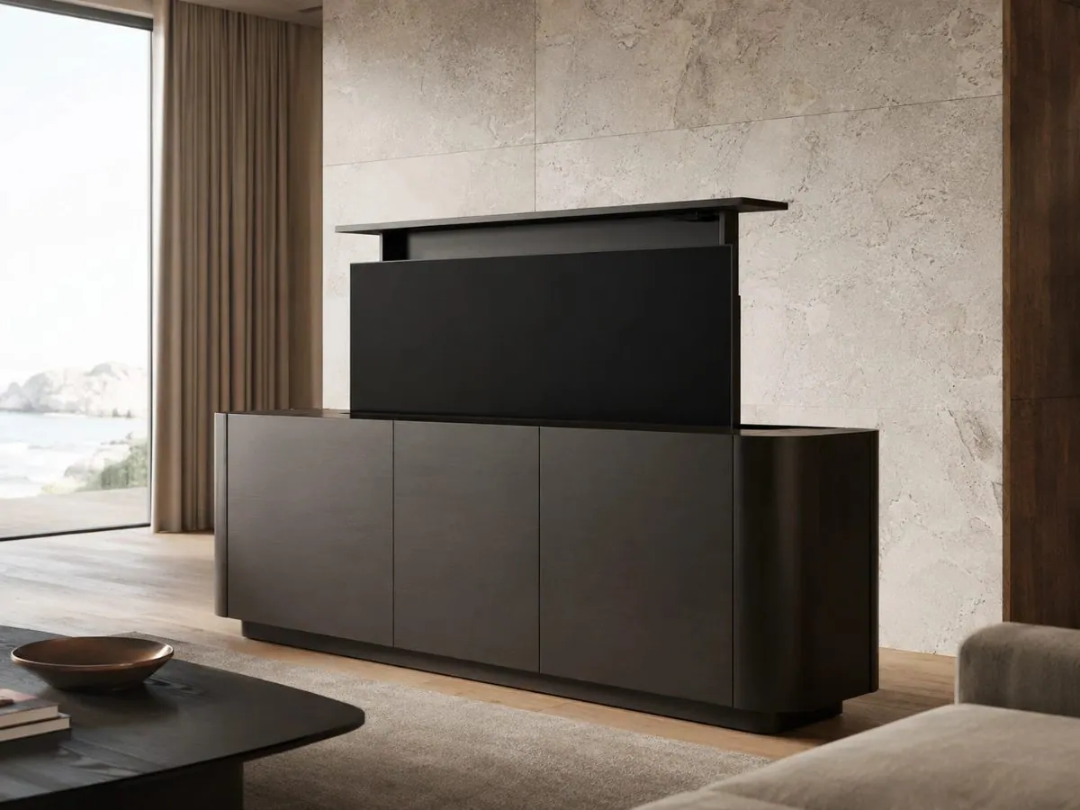 Sideboard with a motorised TV lift raising a television out of the cabinet