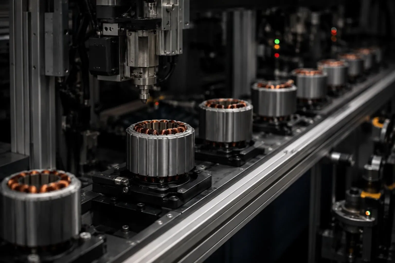 Automated assembly line producing wound stators